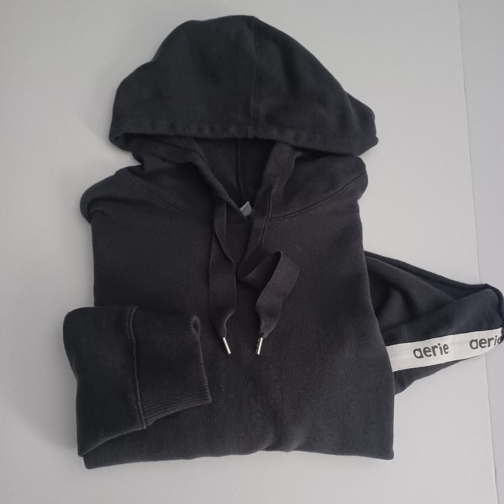 Aerie Cropped Gray Hoodie W/Logo Sides SZ L/XL